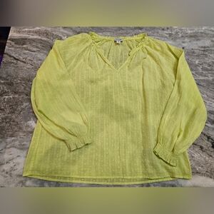J.Crew Swiss Dot Peasant Blouse M Chartreuse Lime Green V-Neck Long Sleeve